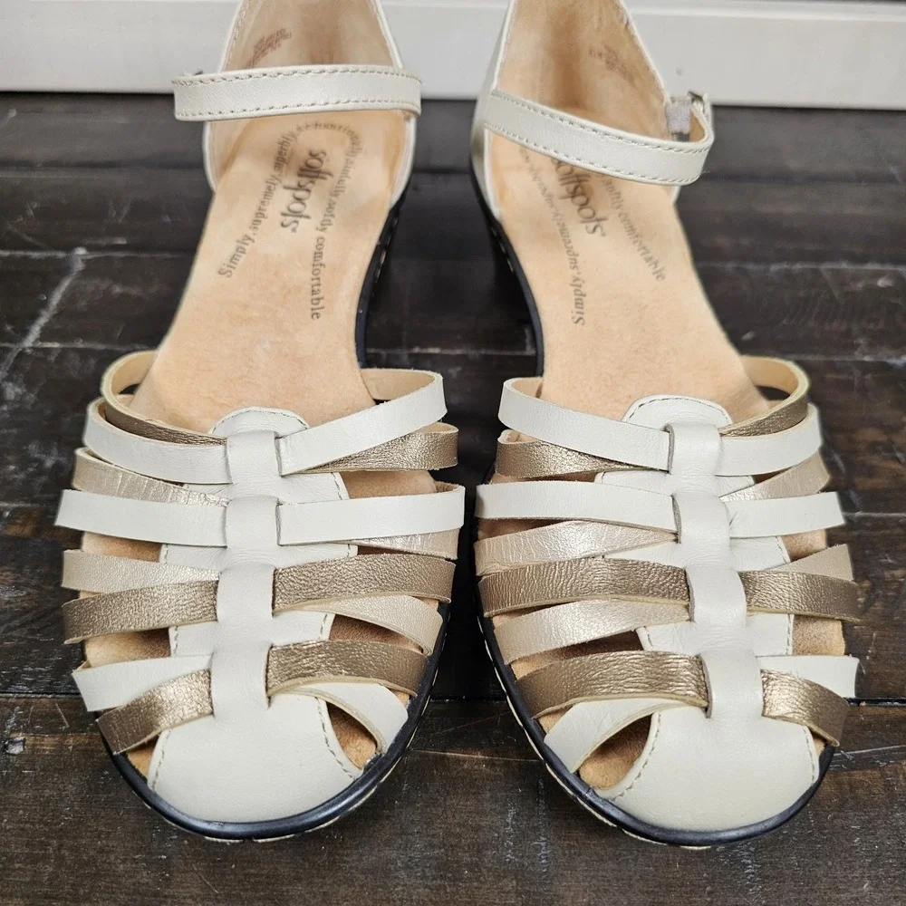 Softspots Womens 6.5 Tatianna Leather‎ Sandal Beige Gold Summer Shoes